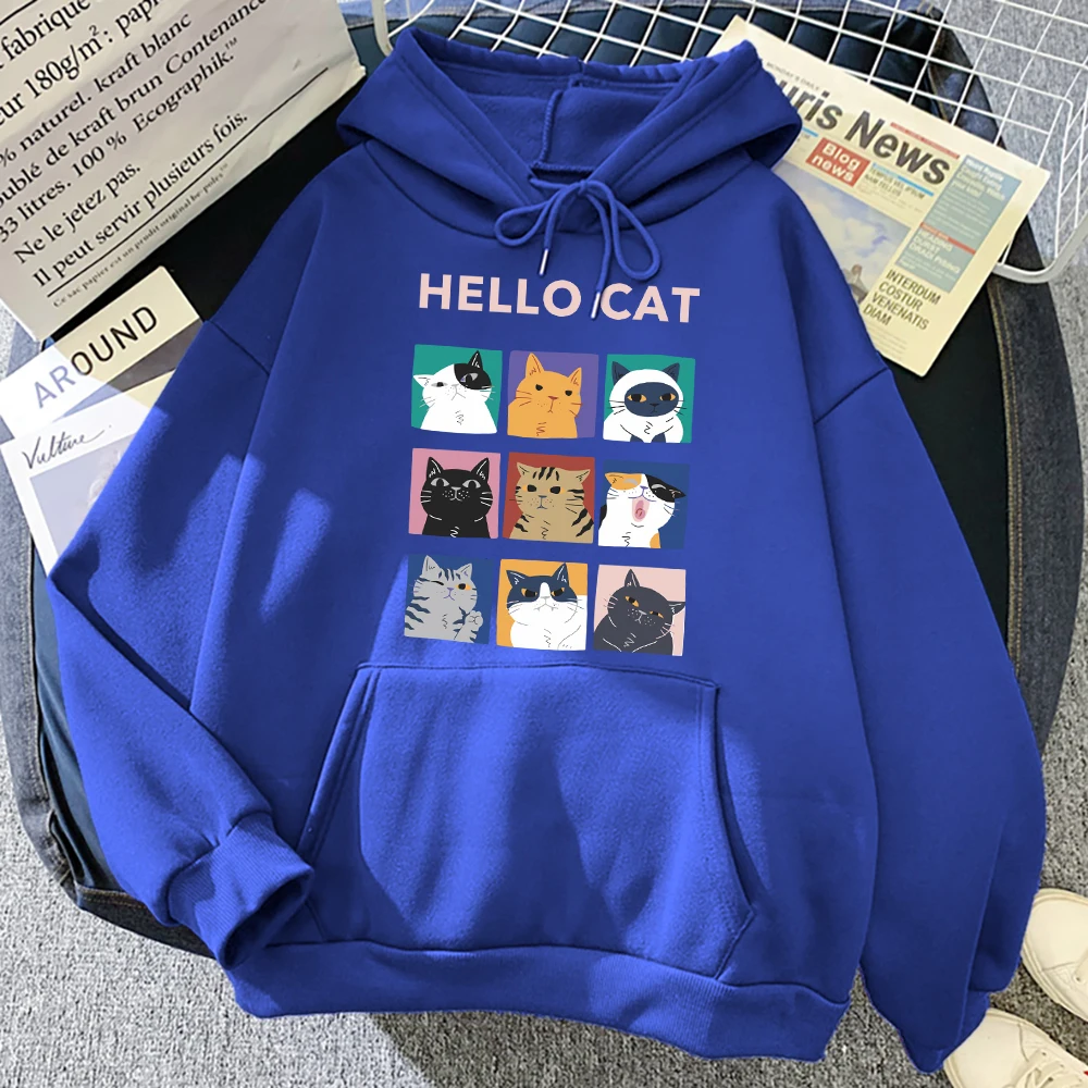 

Hello Nine Space Cartoon Cat Pattern Women Hoodie Autumn Street Pullover Simplicity Casual Hoody Female Fleece Oversized Top