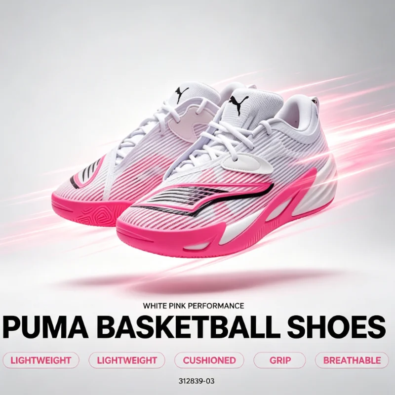 Men Puma 312839-03 White Pink Mesh Basketball Shoes, Lightweight Cushion Athletic Sneakers For Competition Training & Daily