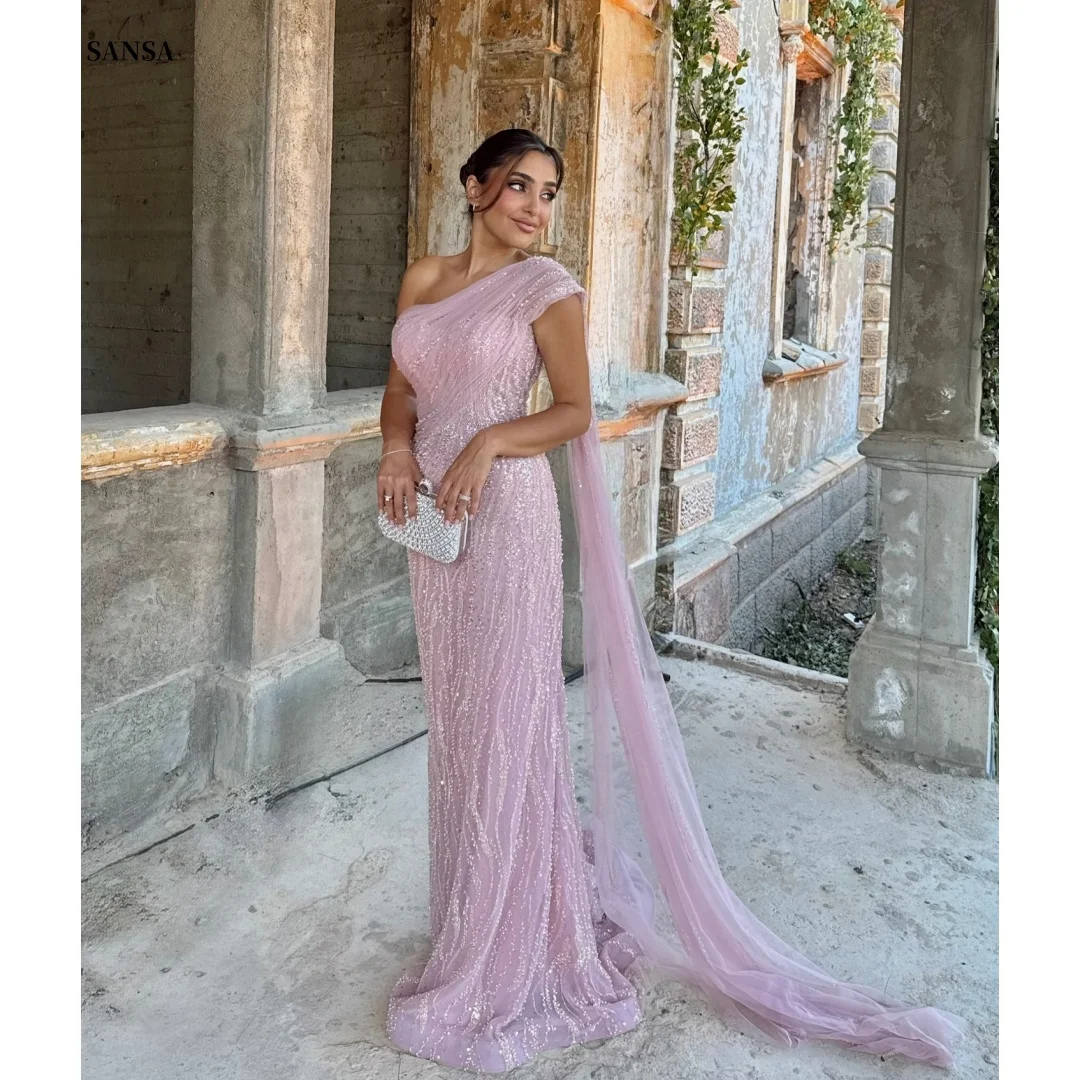 

Sansa Customized Pink Beading Slanted Shoulders Prom Dresses Floor-Length فساتين للمناسبات الخاصة Backless vestidos de festa