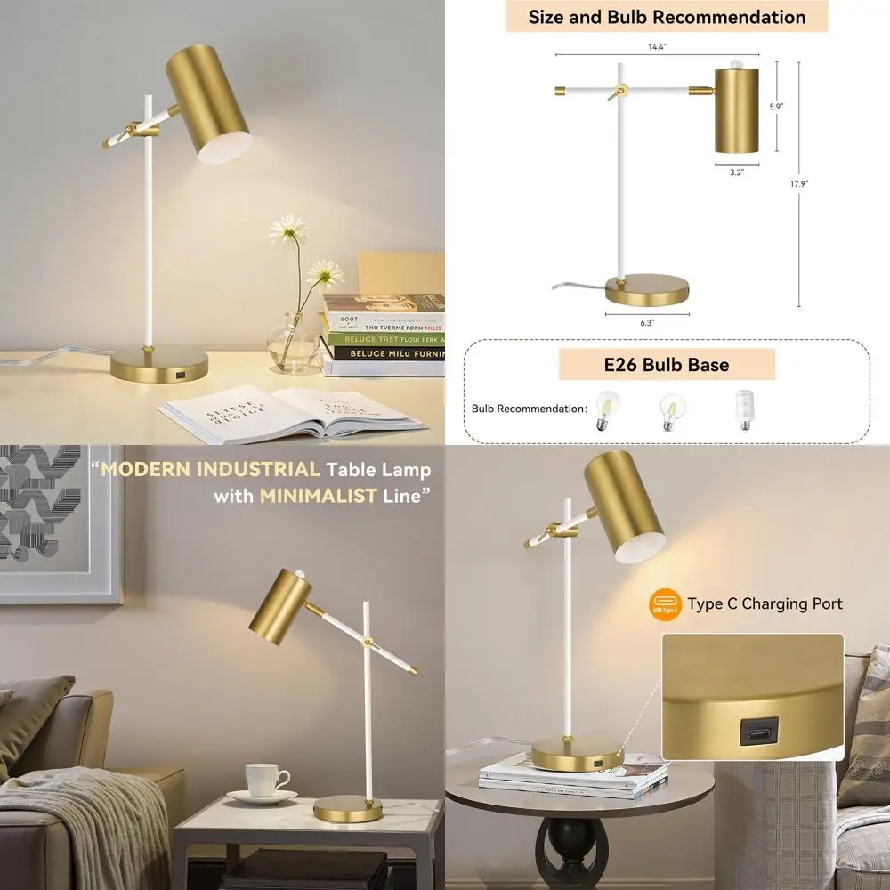 

Современная настольная лампа белого и золотого цвета с поворотным кронштейном и зарядкой USB-C, элегантный индустриальный стиль для домашнего офиса, спальни или ночного рынка