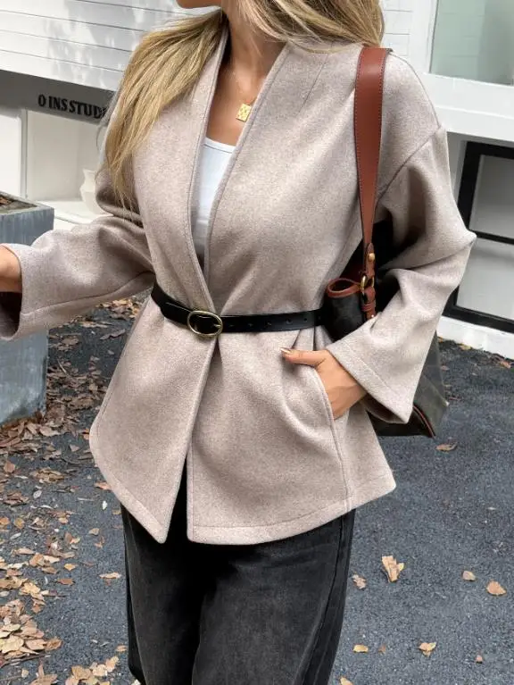 2025年秋 Vネック カジュアル 無地 ショートカーディガン ウールコート レディース、エレガントでシンプルな気質、スリムフィット ショートコート