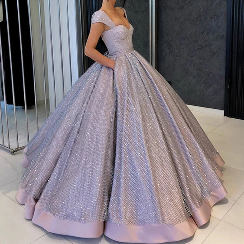 2023 Elegant Princes Pink Prom Dresses Short Sleeves Hand Beaded Evening Gown Sparkly Ball Dresses Vestido Fiesta Noche