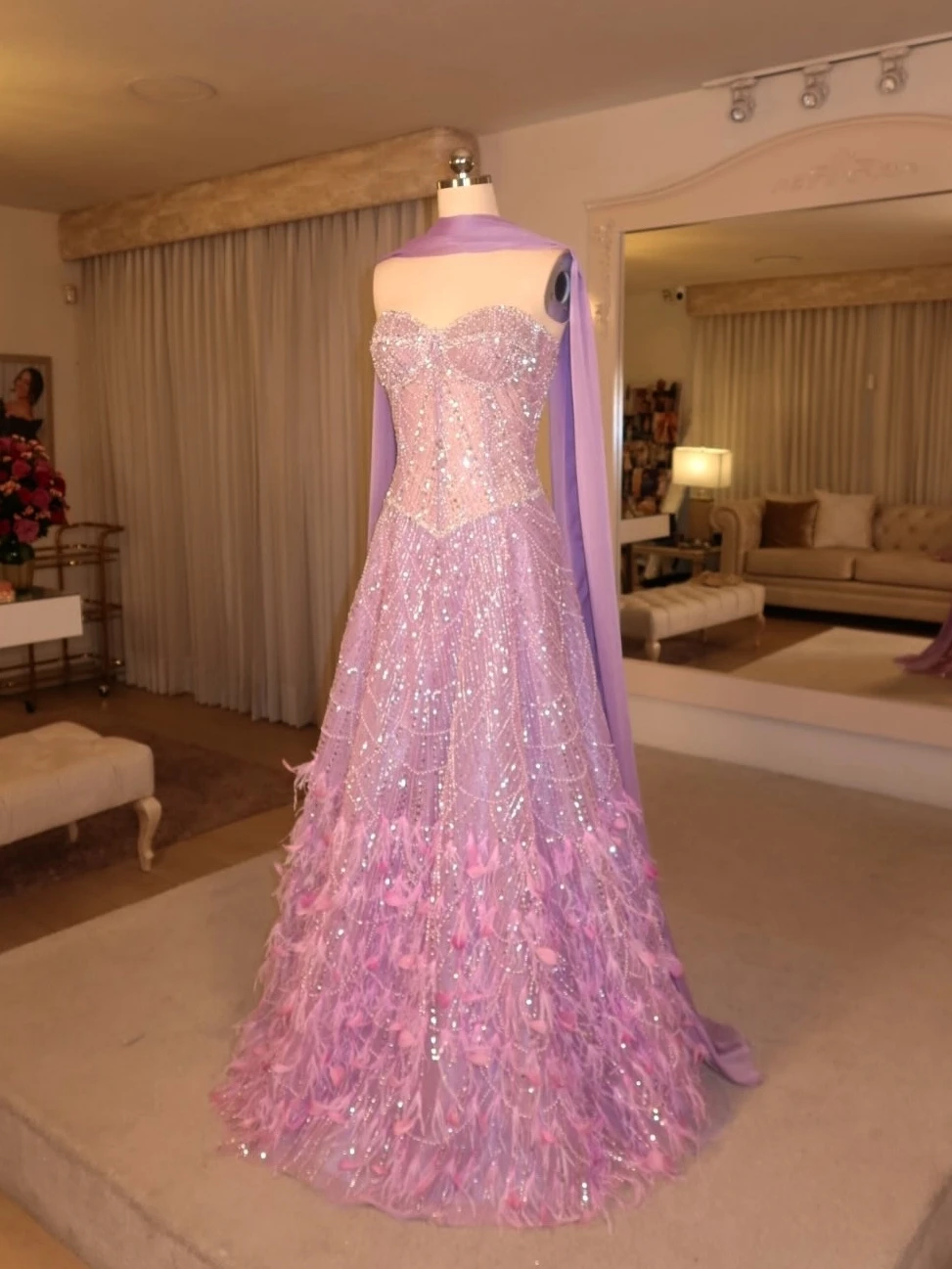 Other Shore Elegant Vintage Sweet Lilac Feathers Beads Pearls Princess Customize Formal Occasion Prom Dress Evening Party Gowns