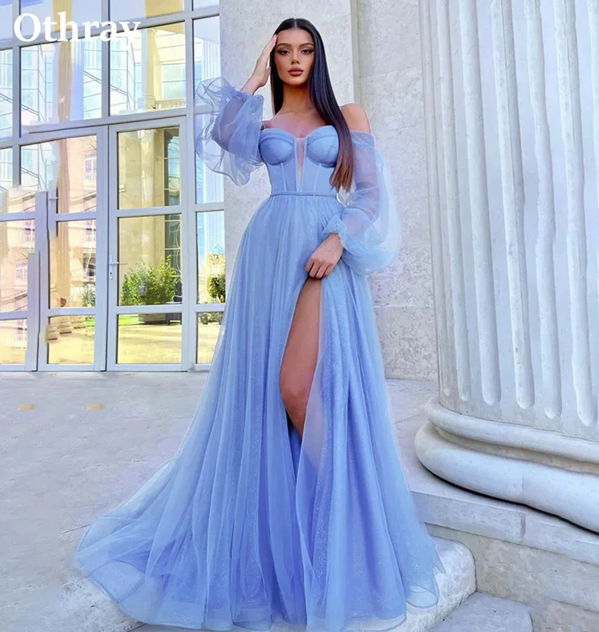 

Othray Sky Blue Prom Dresses Off The Shoulder Puff Long Sleeves Split Front Evening Gowns Lacing Up Back فساتين سهره