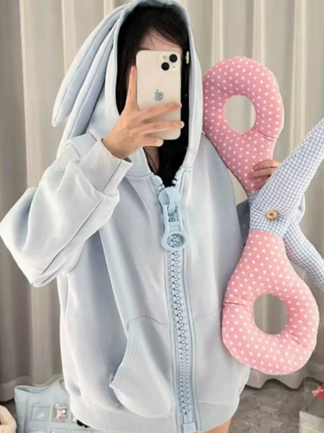 Loose Women's Hoodie Rabbit Ear Large Zipper Oversized Lazy Style Comfortable Cardigan Coat Korean Style Long Sleeve  Color