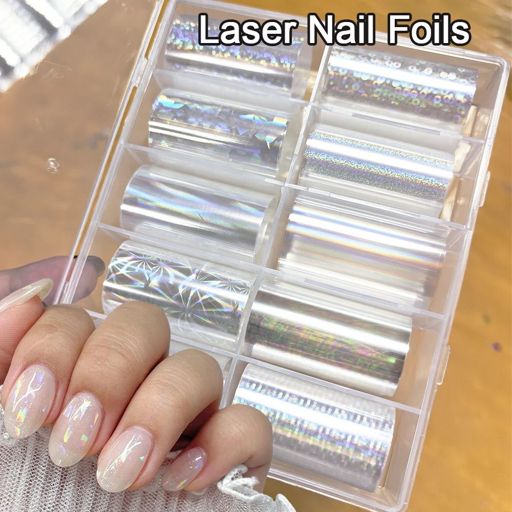 

10Rolls Laser Aurora Nail Foil Transfer Stickers Stars Glass Sparkle Stars Clear Mirror Reflect Effect Nail Decor DIY Nail Bling