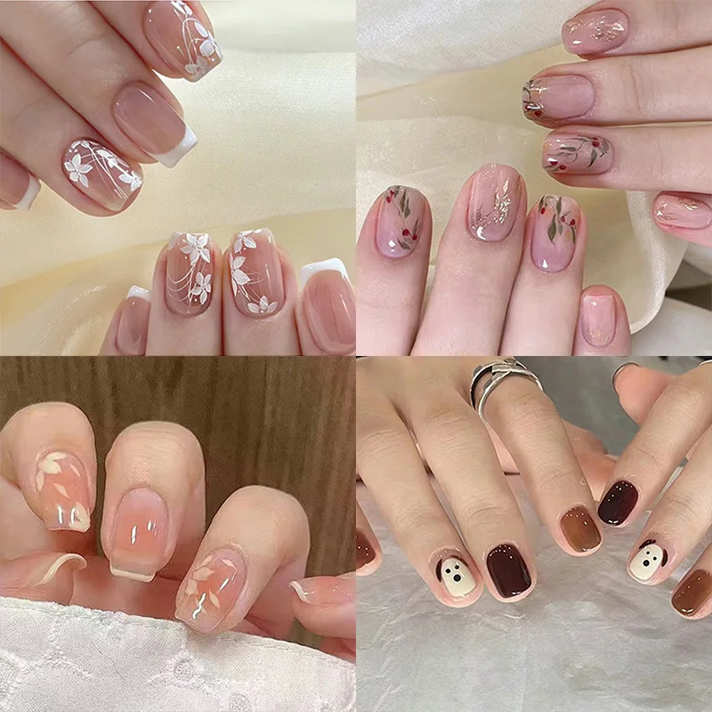 24Pcs Small Flower French False Nails Gradient Color Square Press on Nails Set Glossy Full Cover Fake Nails With Glue Stick