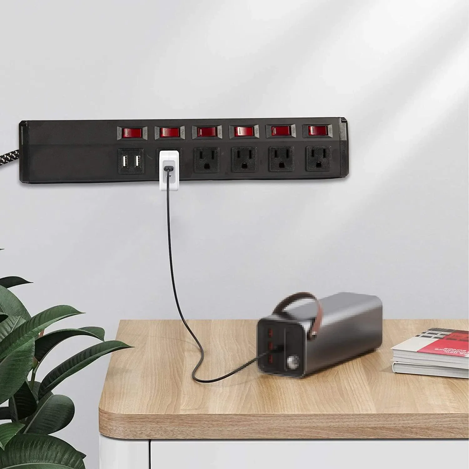 Black Surge Protector Power Strip with Outlets and USB Charging Ports 6-Foot Cord for Home Office (2 5 outlets+2 USB)