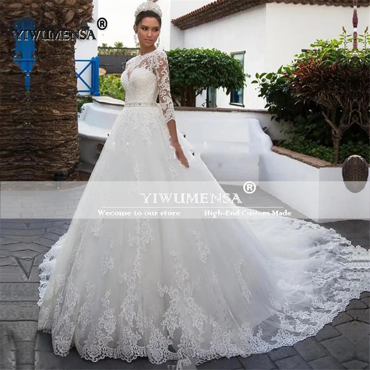 

Elegant Lace A Line Wedding Dresses Plus Size 3/4 Sleeves Appliques Customized Robe De Marriage Bride Bridal Gowns Plus Size