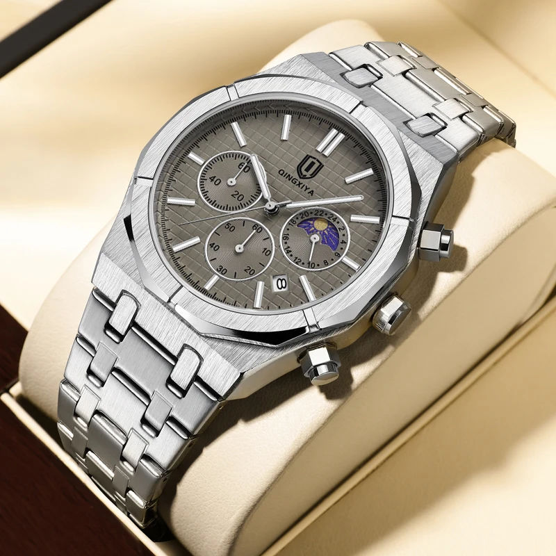 

QINGXIYA Quartz Watches Men Original Fashion Casual Wrist Watch for Business Occasion Stainless Steel Waterproof Calendar Clock