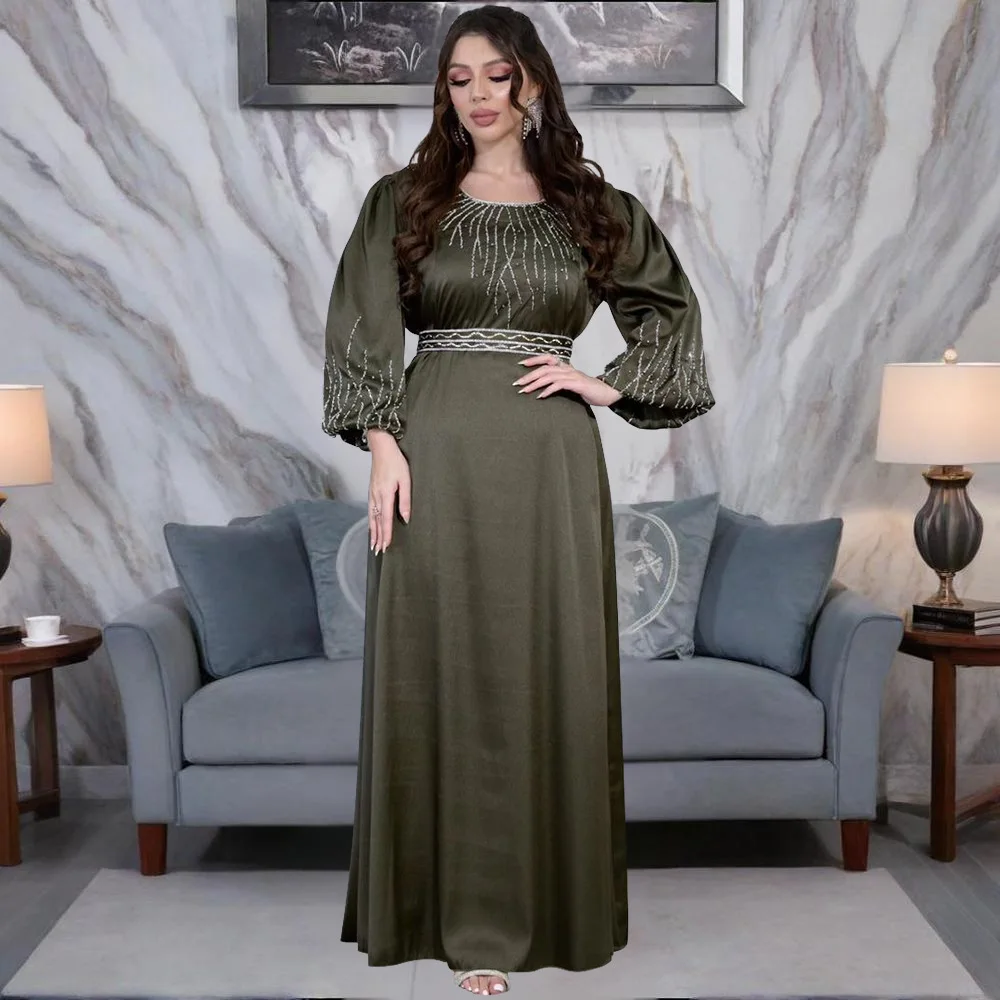

Luxury Ladies Evening Dress Dubai Diamond Robe with Belted Ramadan Elegant Muslim Women Long Dress Eid Moroccan Kaftan Vestidos