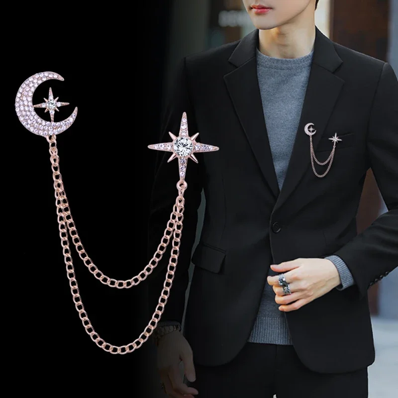 Korean Fashion Crystal Moon Star Brooches for Women Men Rhinestones Tassel Chain Badge Lapel Pins Luxulry Jewelry Gifts