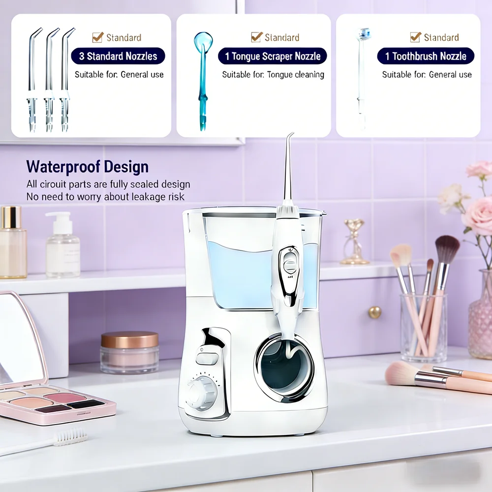 

Professional Dental Jet Irrigator 10 Modes 800ML Electric Countertop Water Flosser Complete Cleaning Solution with 5 Nozzles