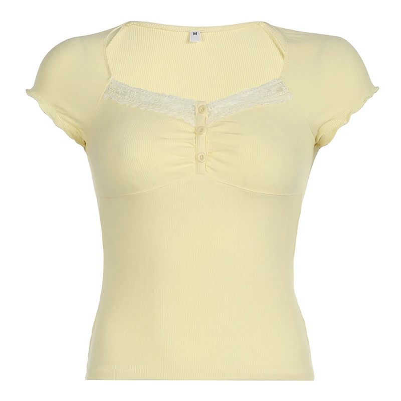 Darlingaga Korean Fashion Yellow Folds Lace Trim Women T-shirts Buttons Cutecore Kawaii Cropped Top Basic Frills Tee Clothes Y2K