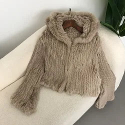 2024 Autumn and Winter New Encrypted Thickened Handmade Double-sided Woven Hooded Korean Style Short Rabbit Fur Coat for Women