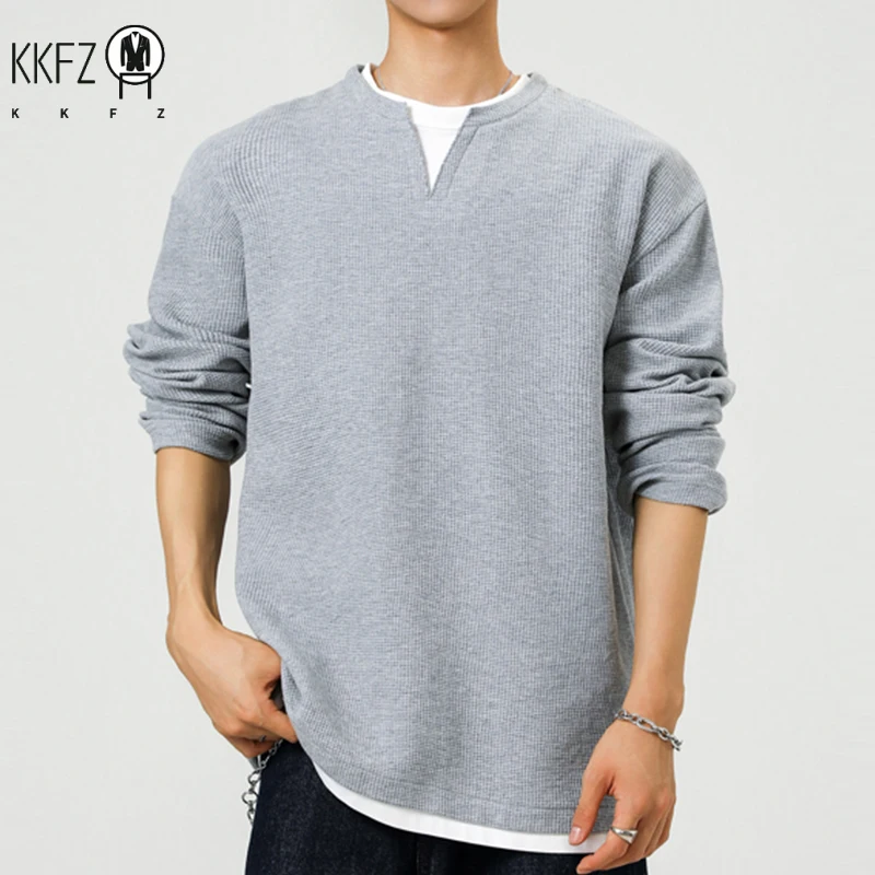 Youth Casual Fake Two Piece Top For Males Notch Collar Long Sleeve Waffle Weave Fabric Travel Friendly Clothing
