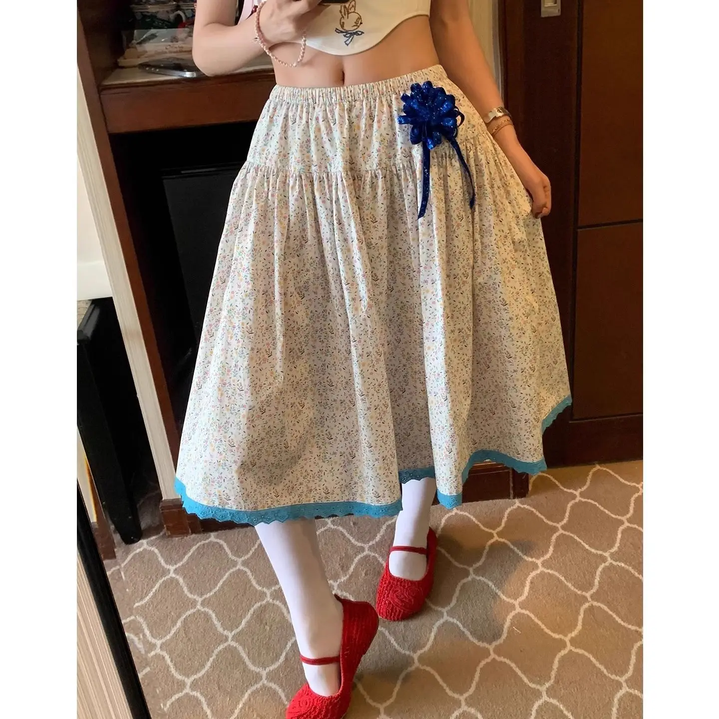 Bohemian Cute Floral Print Midi Skirt for Women Contrast Lace Trim & Bow Accent A-Line Skirt Spring Autumn Daily Wear