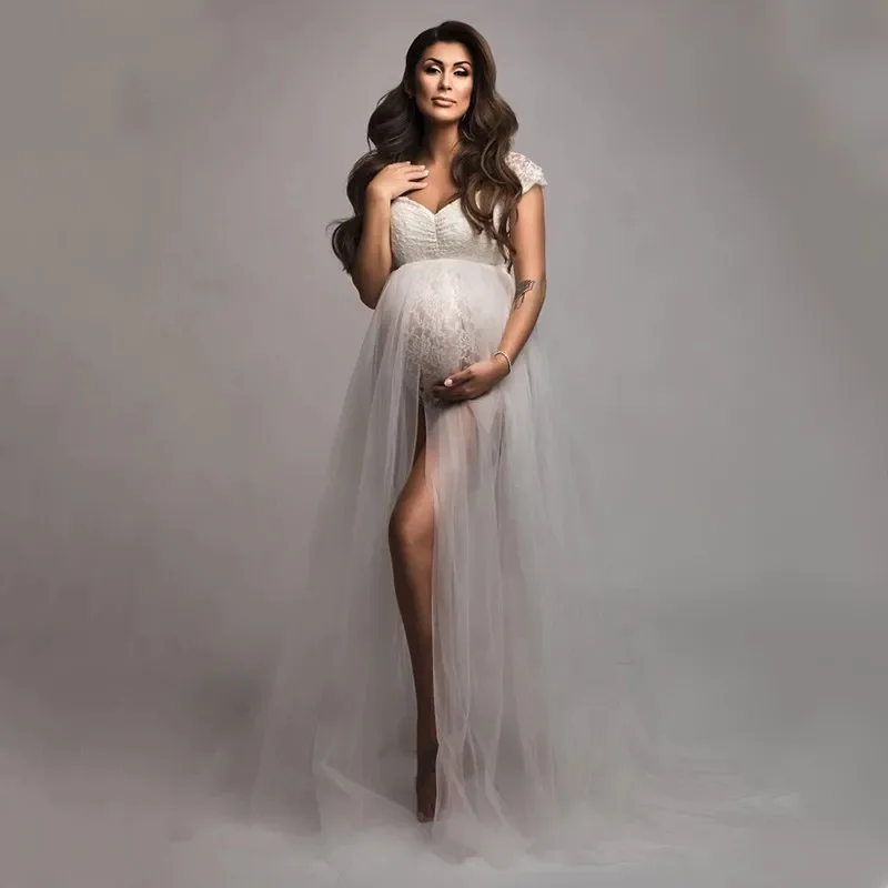 Vestido de maternidad de tul con encaje y tirantes deslizantes, vestido largo de fotografía de tul para mujer embarazada