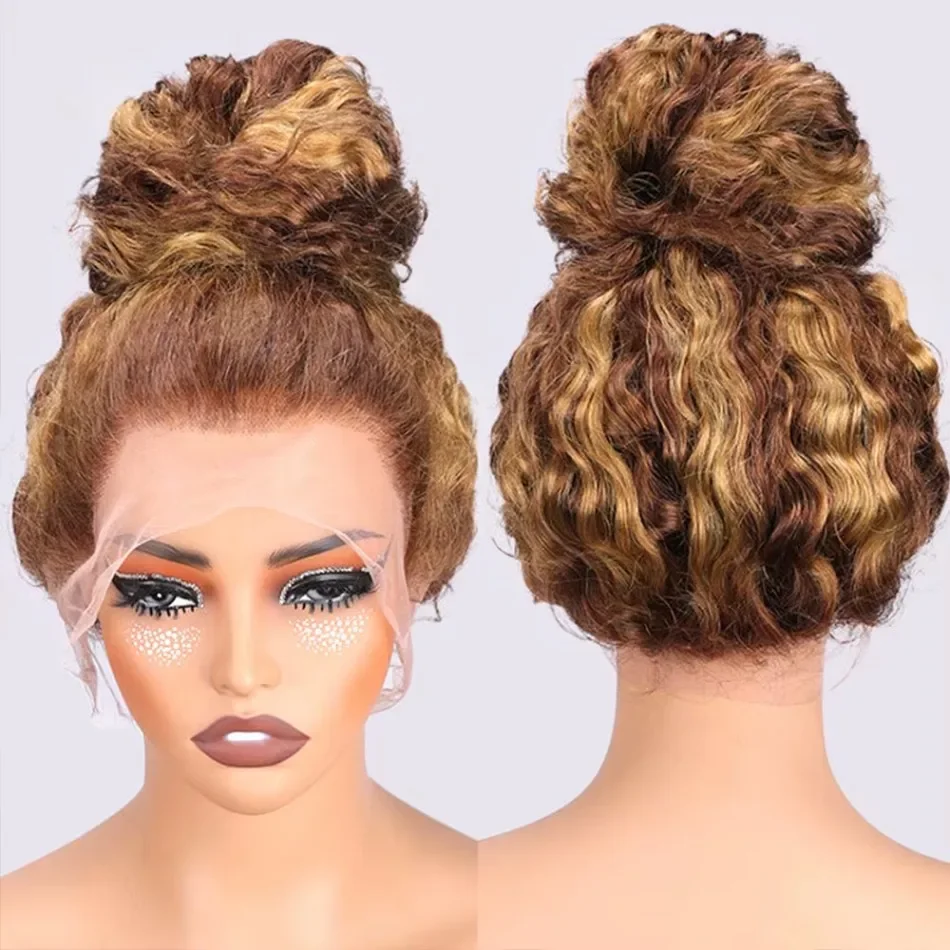 Вьющийся 360 Полный кружевной бесклеевой парик Человеческие волосы Невидимый шнурок 13x6 Hd Кружева P4/27 Выделите глубокие волны Фронтальные парики для женщин