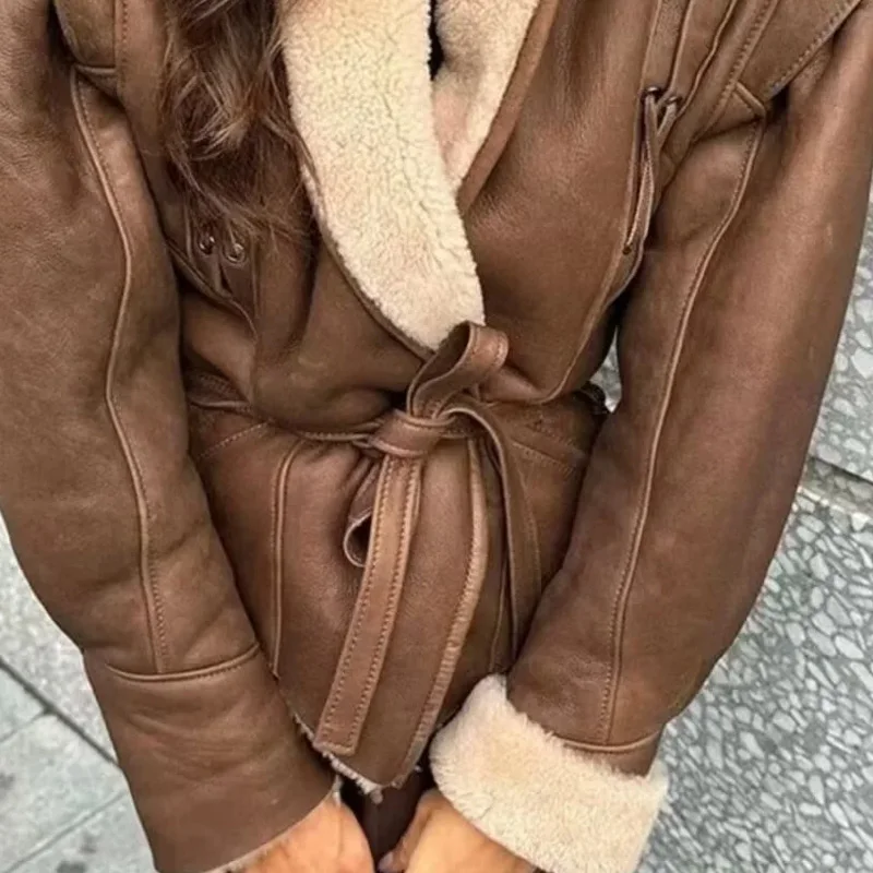 TRAF Parkas Faux Leather Jacket Winter Coat Female Long Sleeve Plush Solid Coats Belt Warm Women\'s Jacket Asymmetrical Outerwear