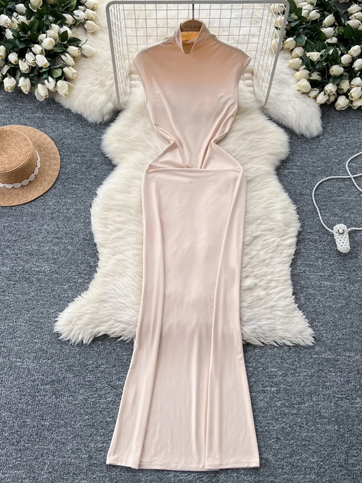 Foamlina EuropeanAmerican Ins Bodycon Long Dress Women's 2024 New High-necked Elastic Slim Temperament Long Vest Dresses