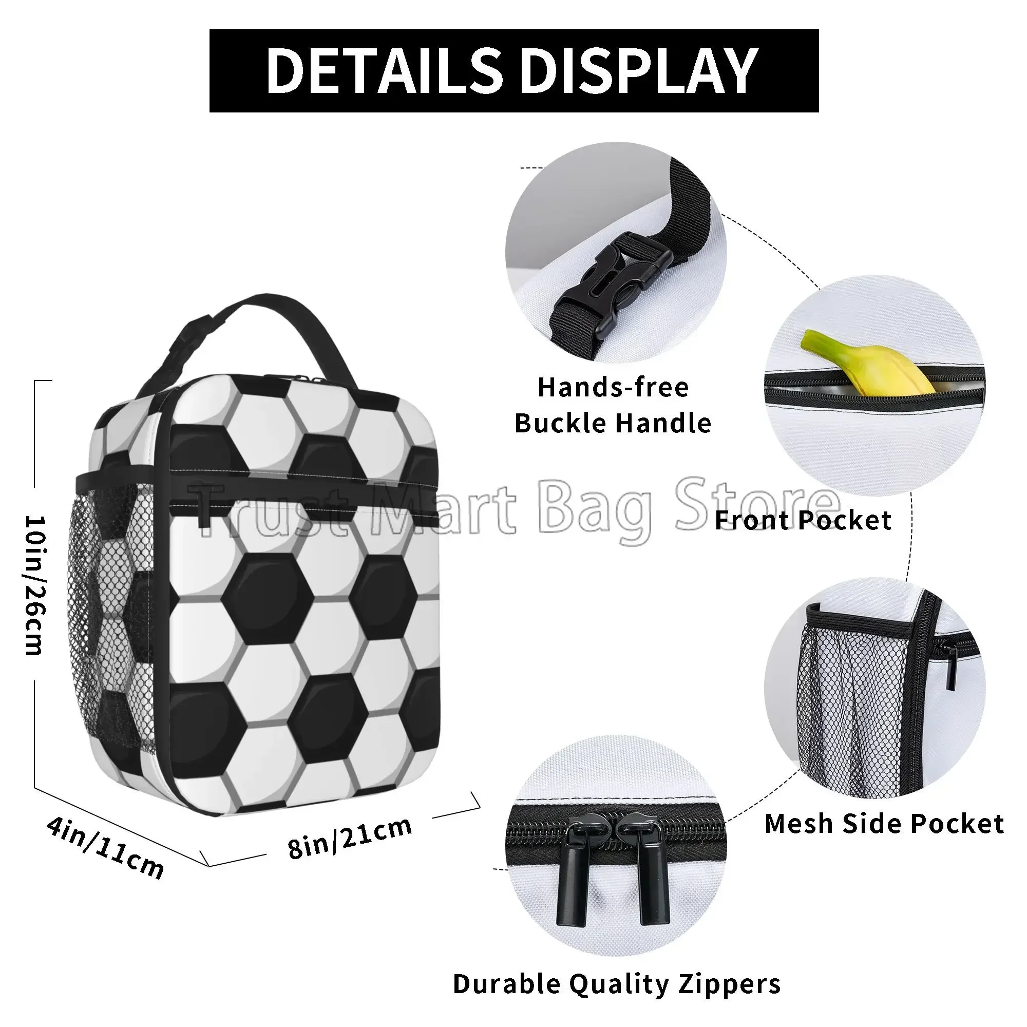 Soccer Insulated Lunch Bags Cooler Tote Organizer Bags Reusable Lunch Box for Women Girls Boys School Work Picnic Camping Travel