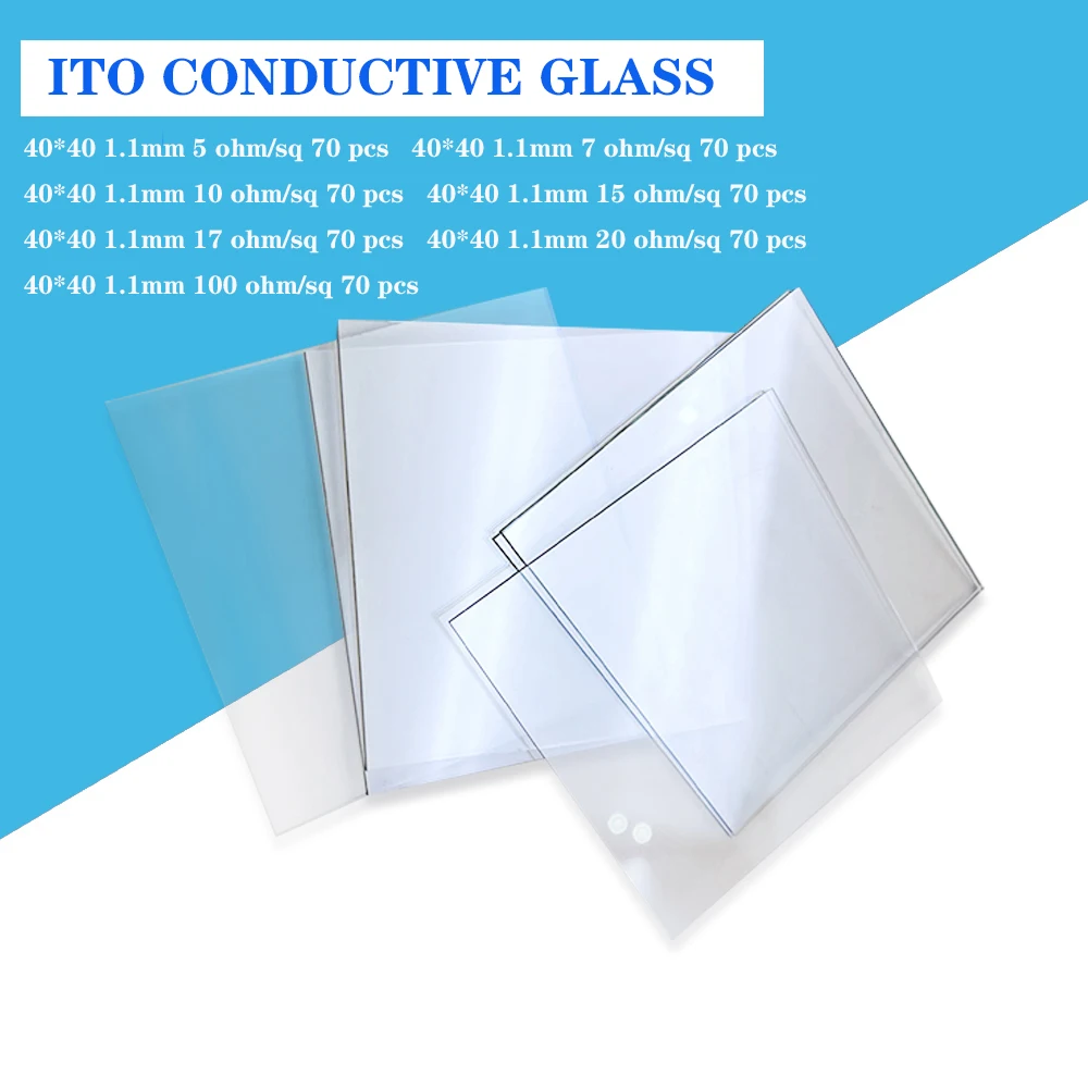 

40*40*1.1mm 5-100 ohm/sq 70 pcs Lab Transparent Conductive Glass Indium Tin Oxide ITO Glass Coated Glass