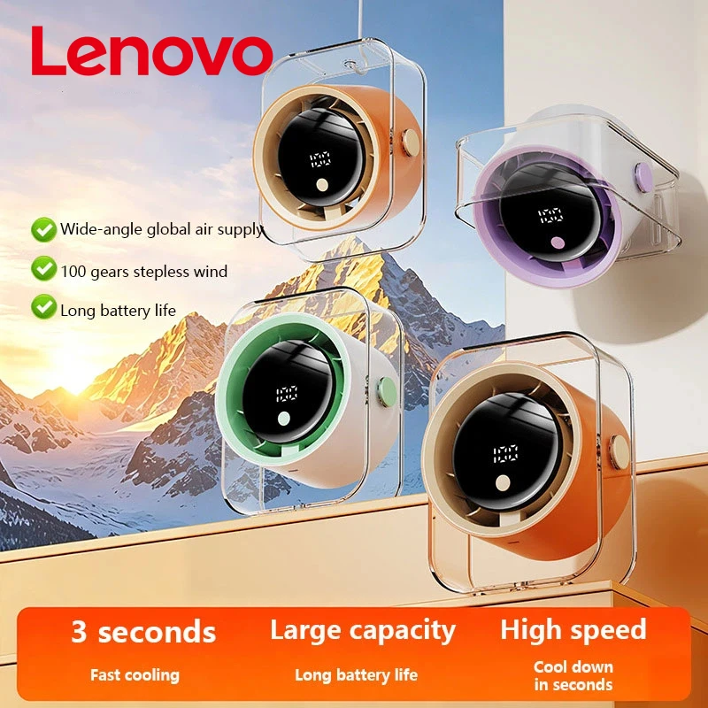 Мини-вентилятор Lenovo для дома, настольный безлопастный вентилятор с умным цифровым дисплеем, зарядка через USB, 100 скоростей, турбо-режим, сенсорное управление, низкий уровень шума 36 дБ.