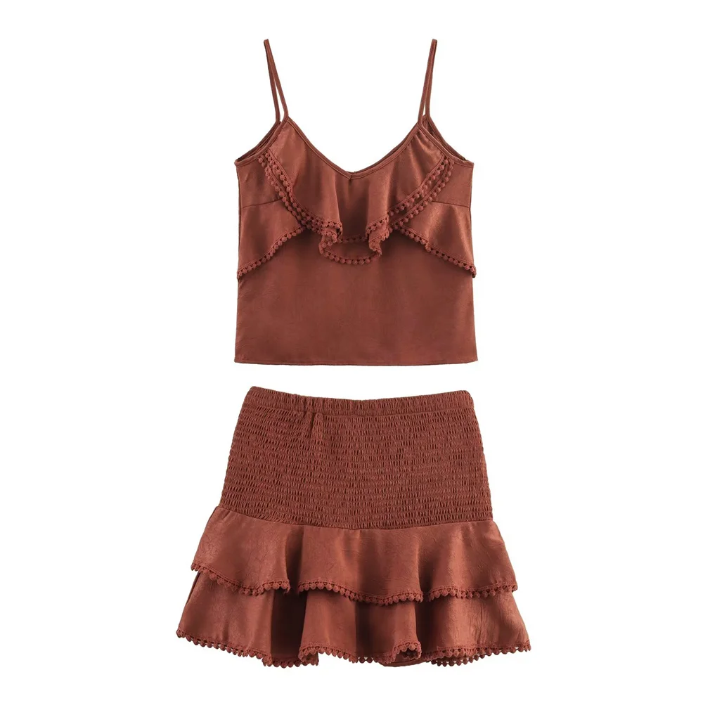 

2025 New Women's Casual Elegant Design with European and American Style Lace and Stacked Top&Short Skirt Set