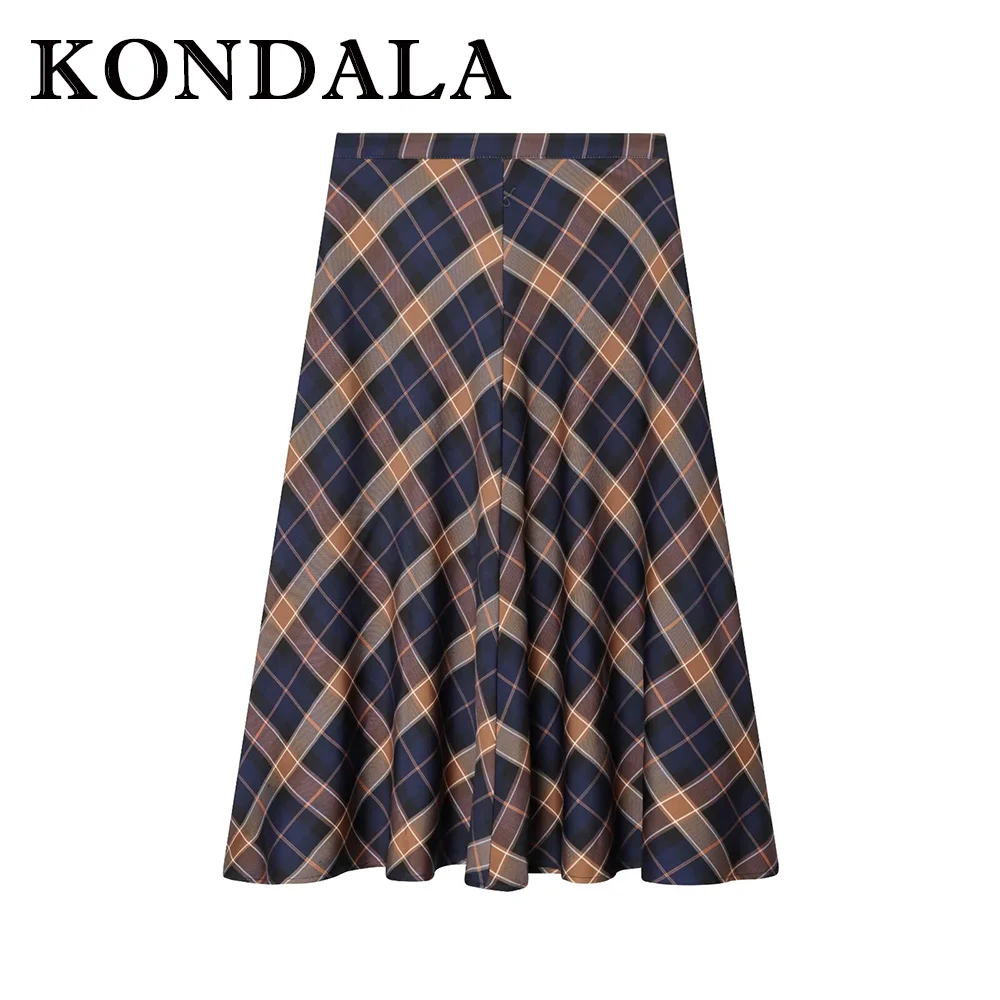 

KONDALA Vintage Plaid Elegant Pleated Casual Long Skirt Fashion 2025 Fall High Waist Streetwear Autumn A-Line Female Folds Skirt