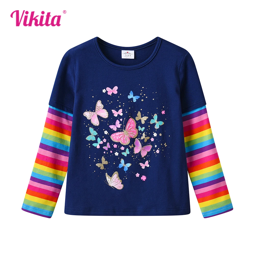 VIKITA Girls Butterfly Cartoon Print Navy Blue T Shirts Kids Cotton Casual Daily Striped Long Sleeve O Neck Tees Kids Clothes