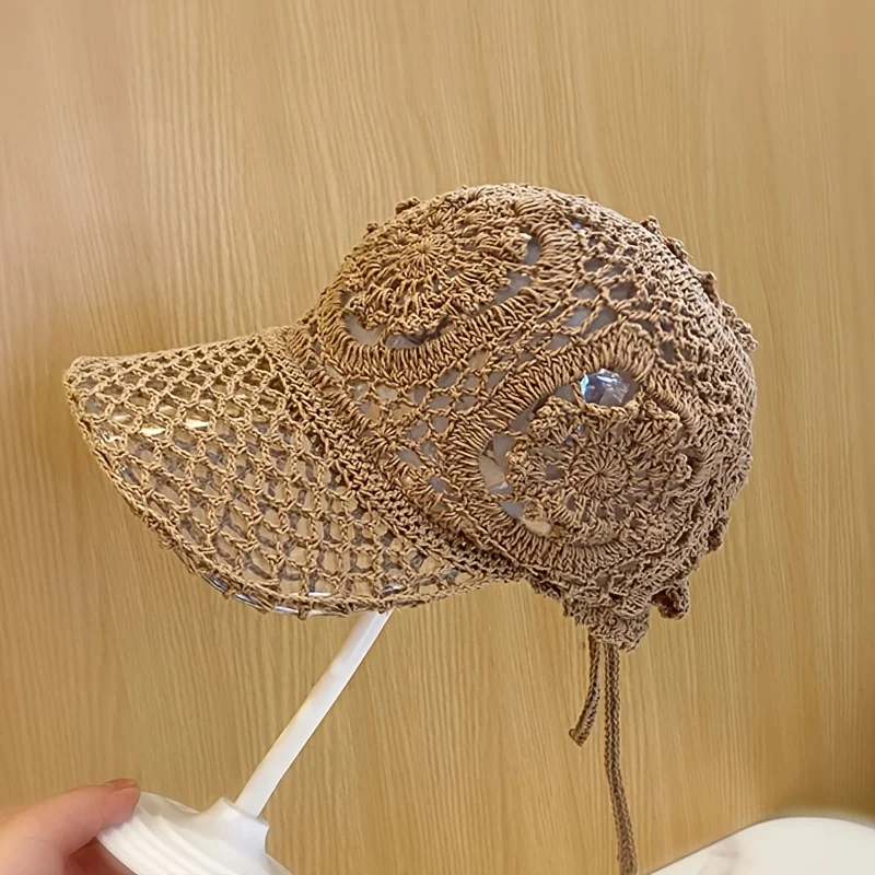 Sommerliche, handgehäkelte Baseballkappe im Retro-Stil, atmungsaktiver Sonnenhut, verstellbare, vielseitige Baseballmütze – Detail 11