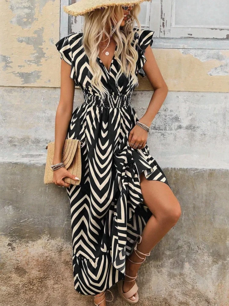 

2024 Women's Summer Elegant V-neck Striped Print Shrink Waist Short Sleeve dress Lace-up Long Hem