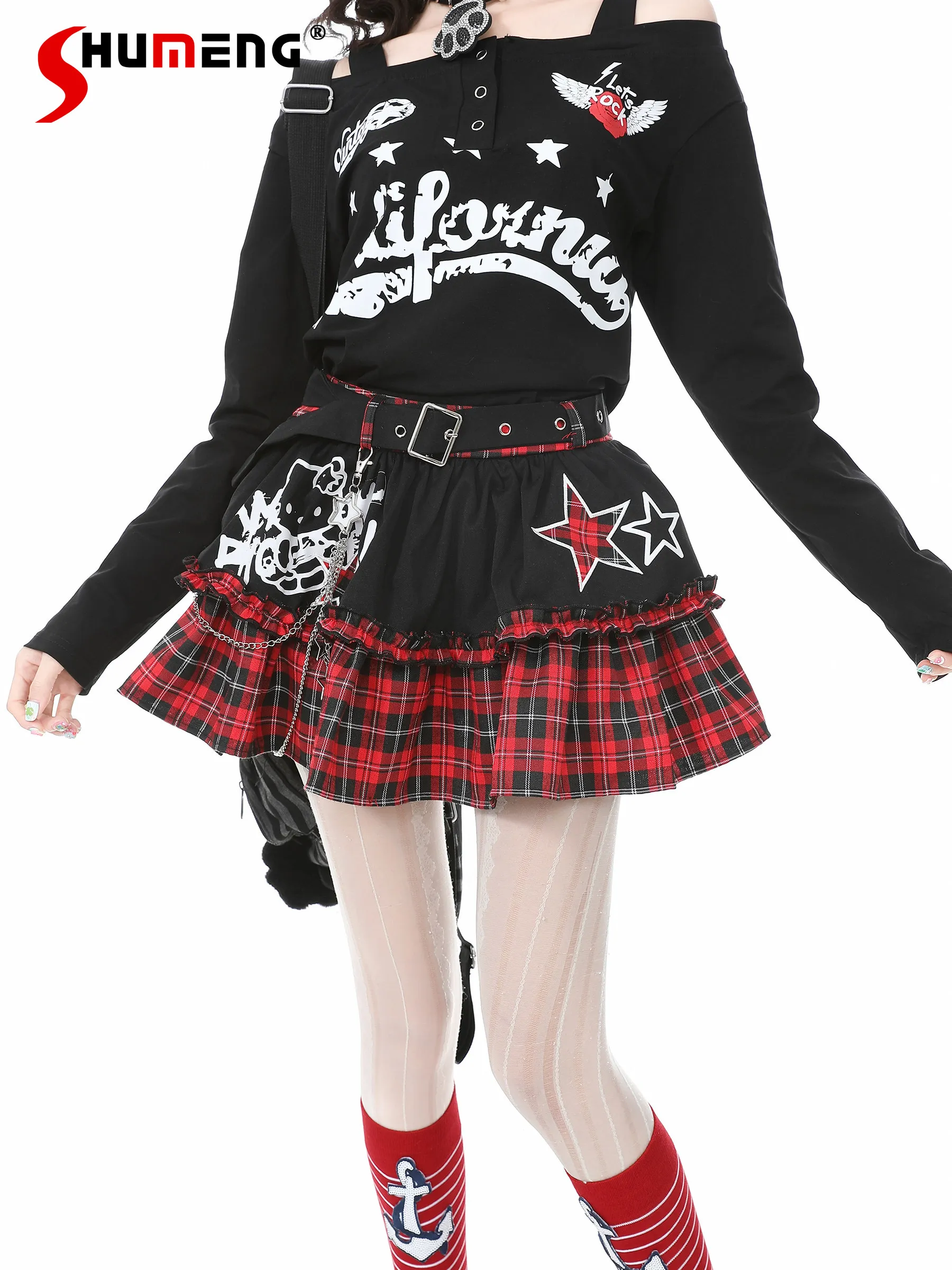 

Оригинальная клетчатая юбка-торт Subculture, новинка весны 2026, студенческий звездный принт, милая крутая модная короткая юбка, студенческие плиссированные юбки