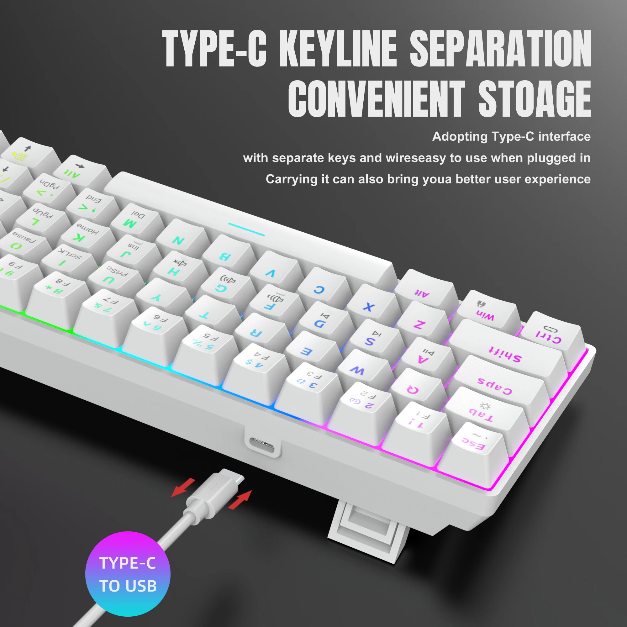 61-клавишная мини-механическая игровая клавиатура с цветной RGB-подсветкой, красный переключатель типа C, клавиатура с возможностью горячей замены для ПК, настольного ноутбука, геймера