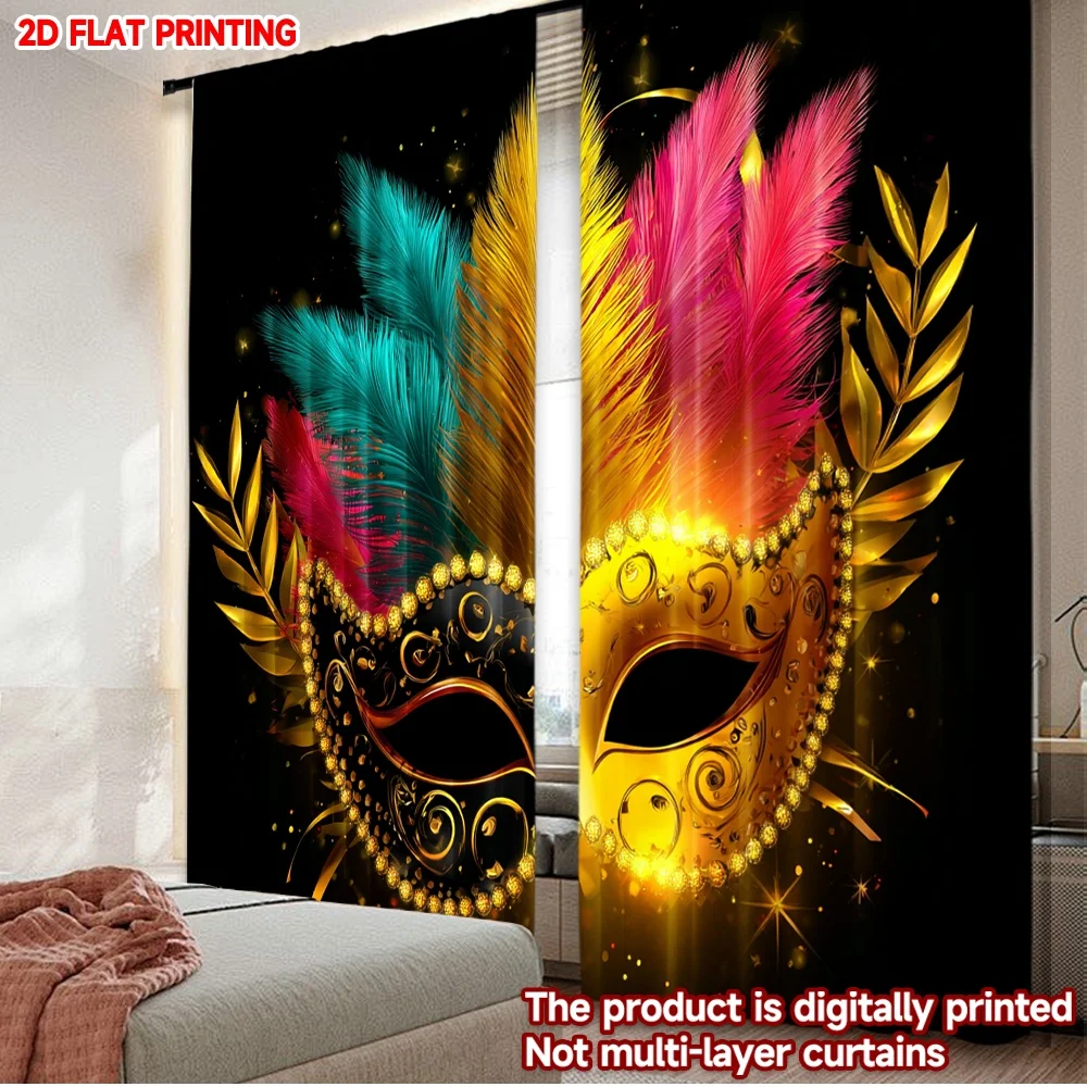 2D flat printing 2pcs Curtain Window Curtains Carnival Mask with Feathers(1) Digital Printed Polyester Drapes Festive Holiday