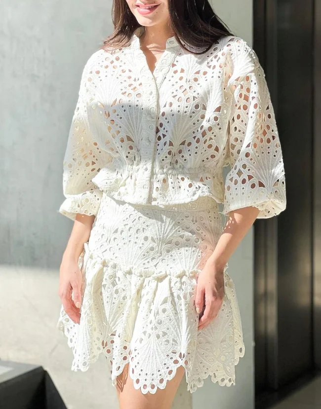 

2025 Summer Sexy Elegant 2 Pieces Outfit Stand Collar Puff Sleeve Eyelet Embroidery Top and Asymmetrical Hem Lace Dress Set