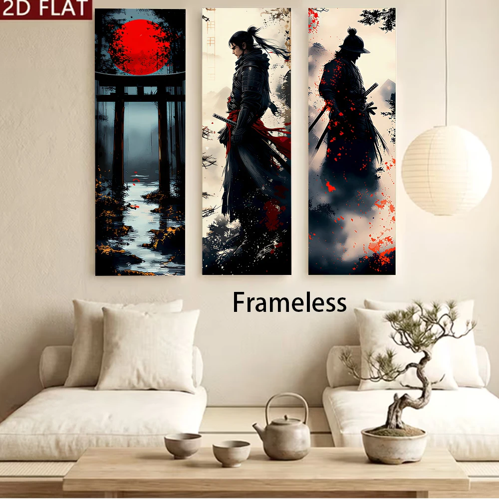 1 set of 3-back frameless entrance wall stickers, decorative paintings featuring samurai themes, Japanese style living room corr