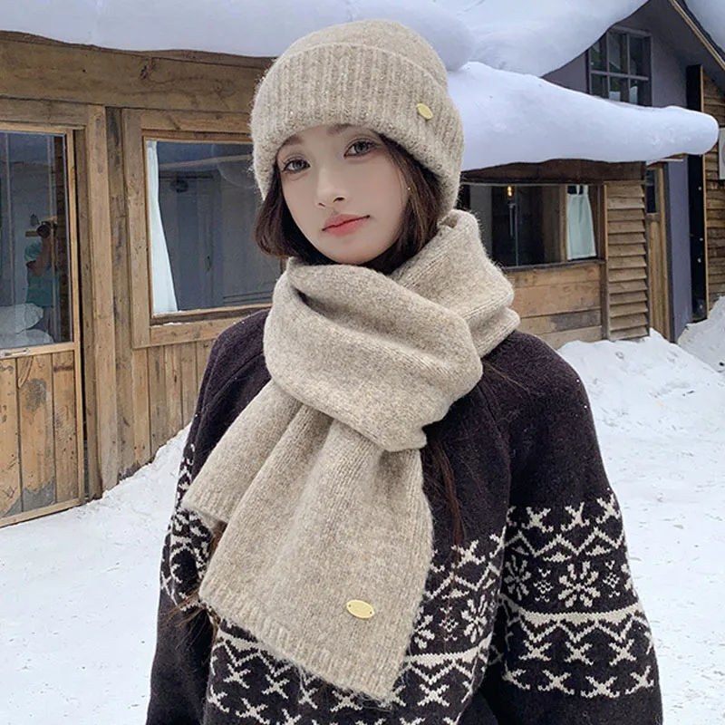 2pcs set women winter beanies hats and long scarf female green pink khaki winter hat scarf set female