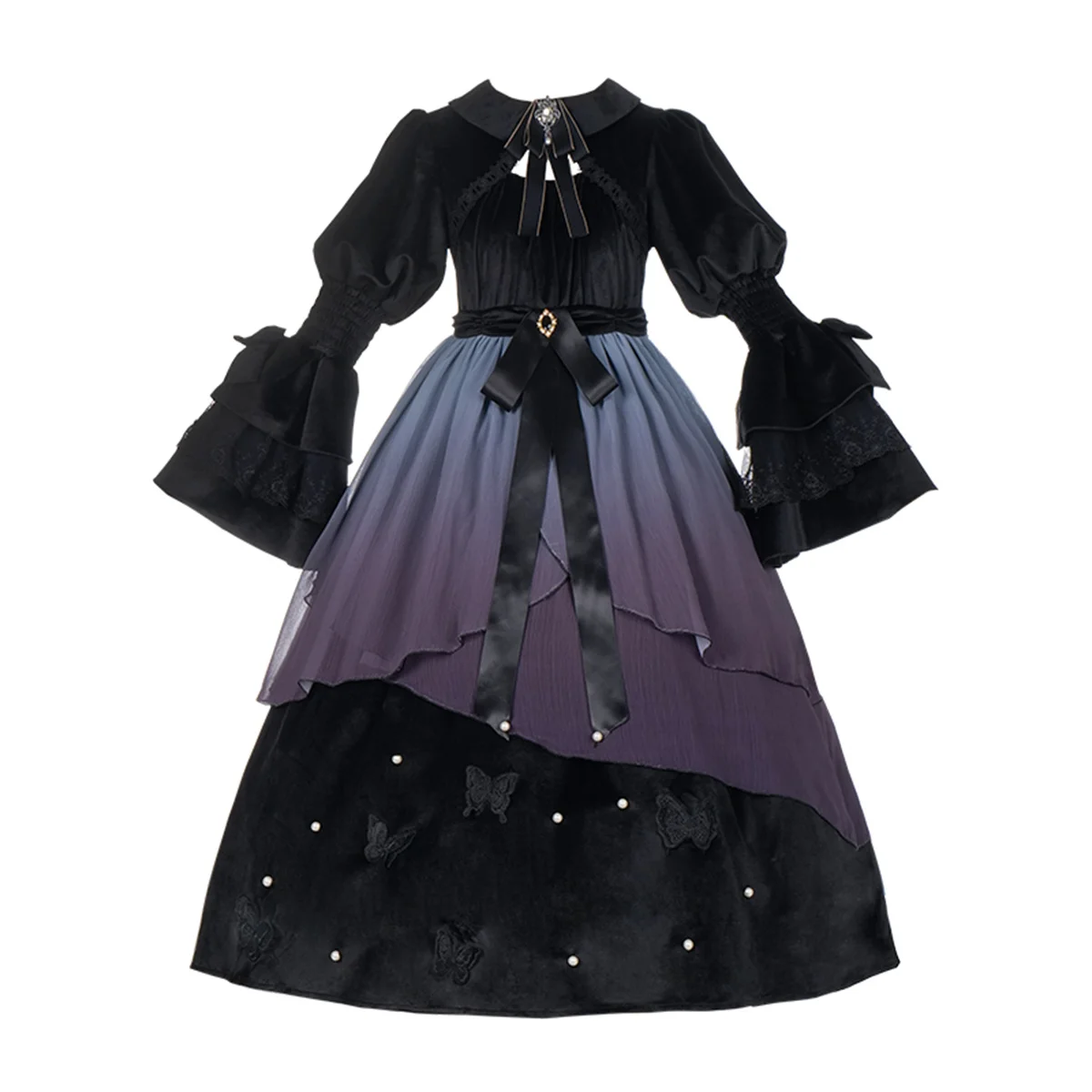 Japoński słodki styl Lolita Cute Girls Cosplay Op Ribbon Bowknot Cameo Pearls Puff Sleeve Lace Butterfly Ruffle Elegant Dress