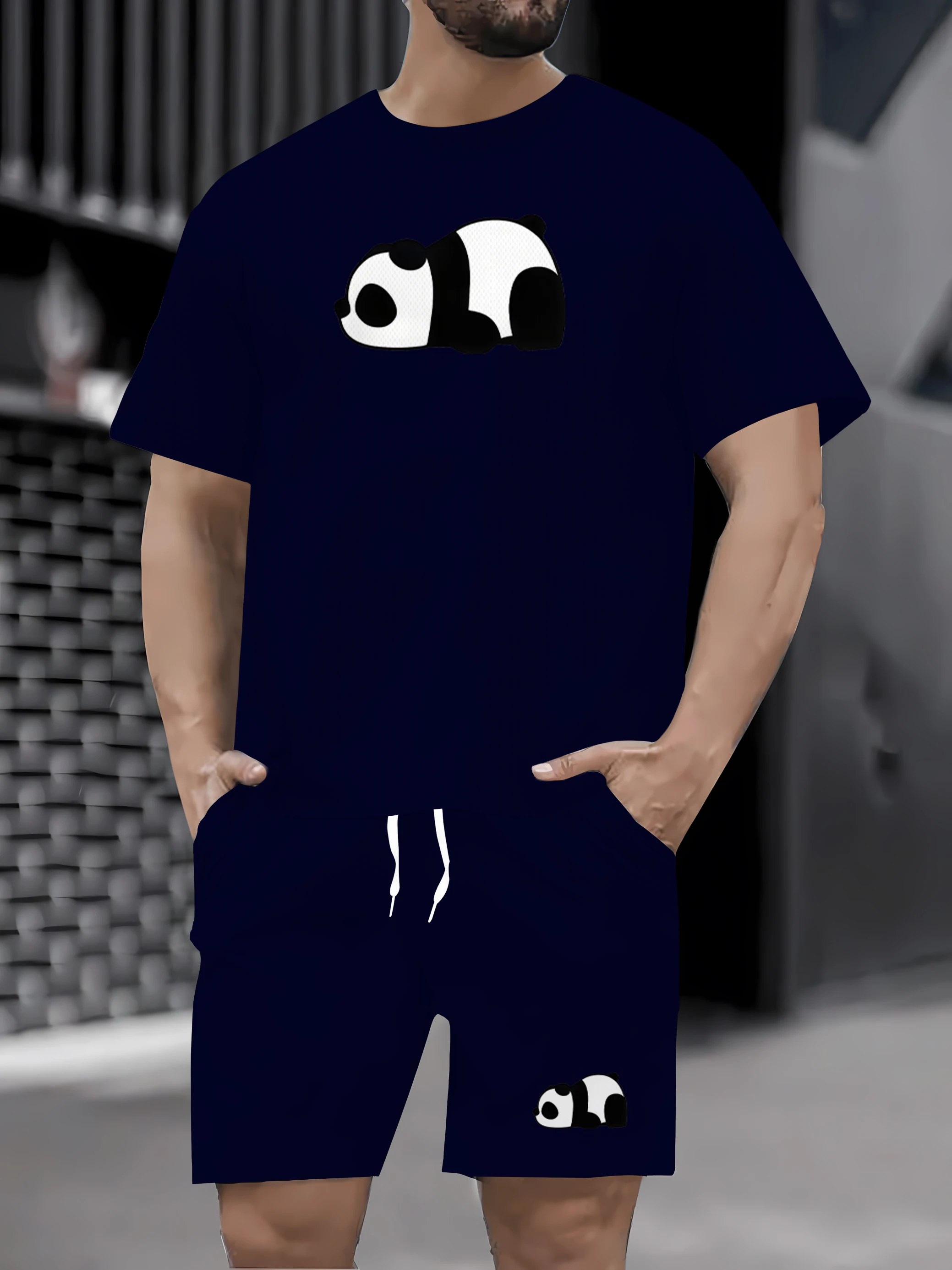 

2025 Summer Men's Panda Cute Printed Set Trendy Comfortable Leisure Fashion Shopping Short sleeved T-shirt+Shorts Set Adult Spor
