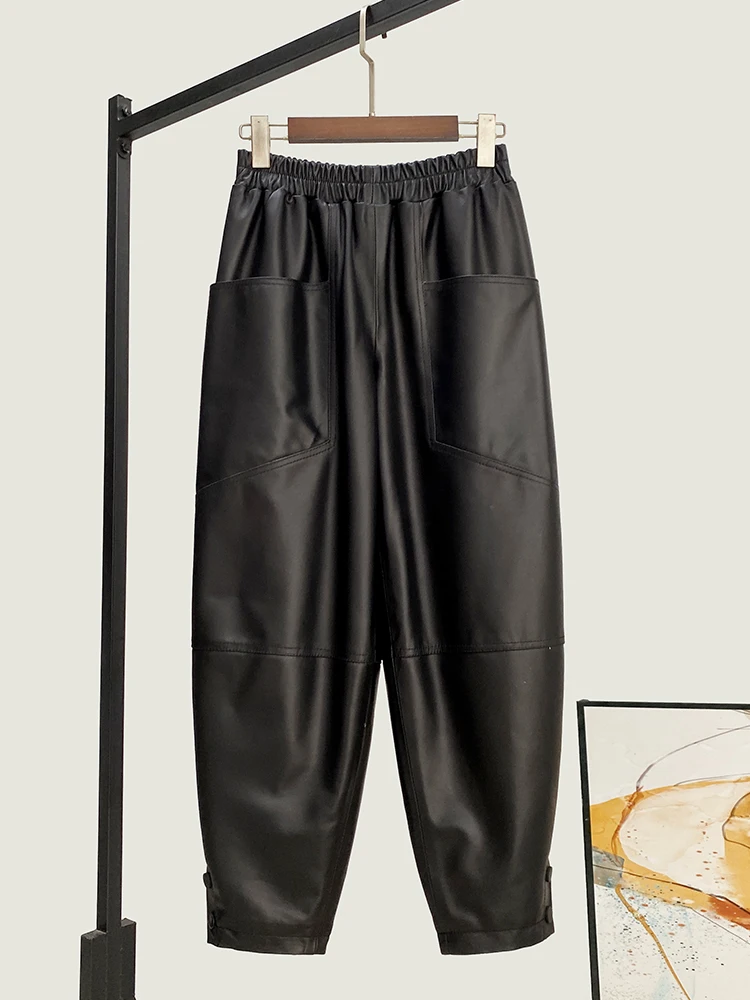 

Winter New High Quality Genuine Real Leather Pants Women's Fashionable All-Match Waist Cropped Loose-Fit Tappered Trousers