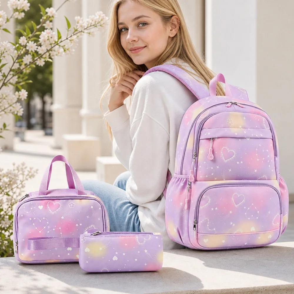 Back To School Girls 3Pcs Backpack Set Heart Star Print Kids Primary Junior High School Bookbag Schoolbag Lunch Bag Pencil Case