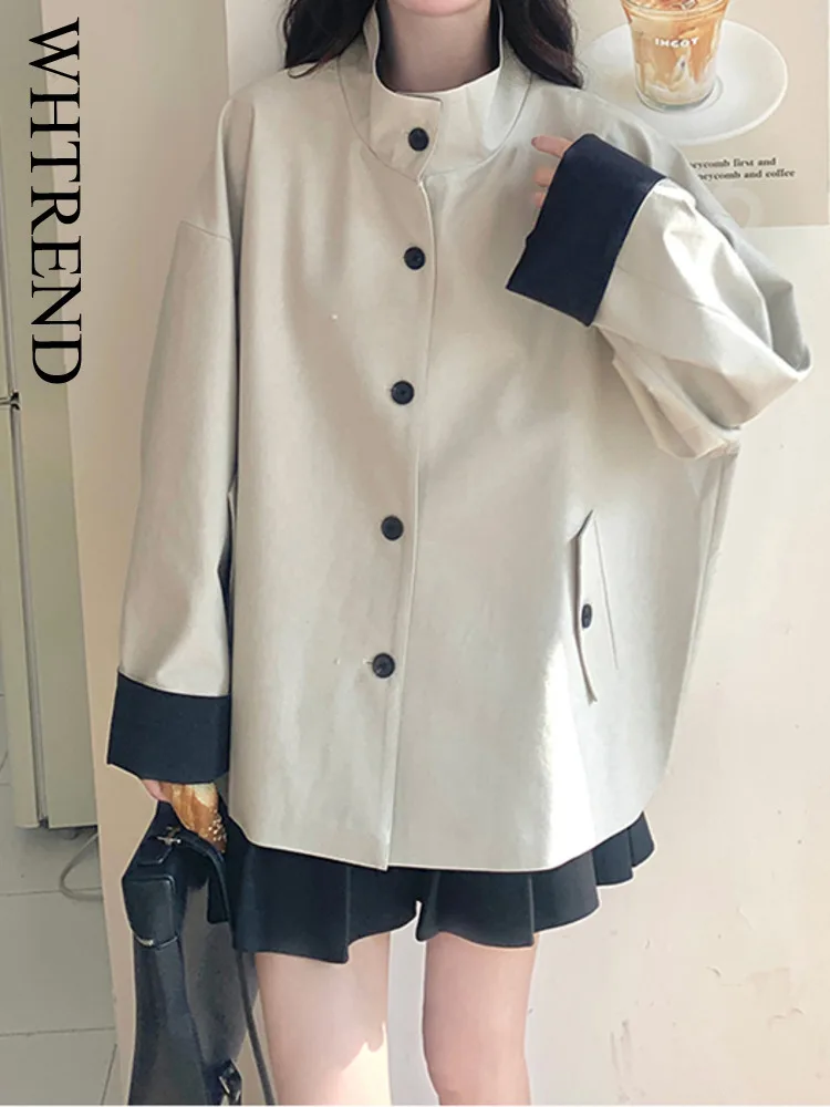 

WHTREND Color Block Collar Casual Short Trench Coat For Women Single Breasted Loose Jacket WH1412