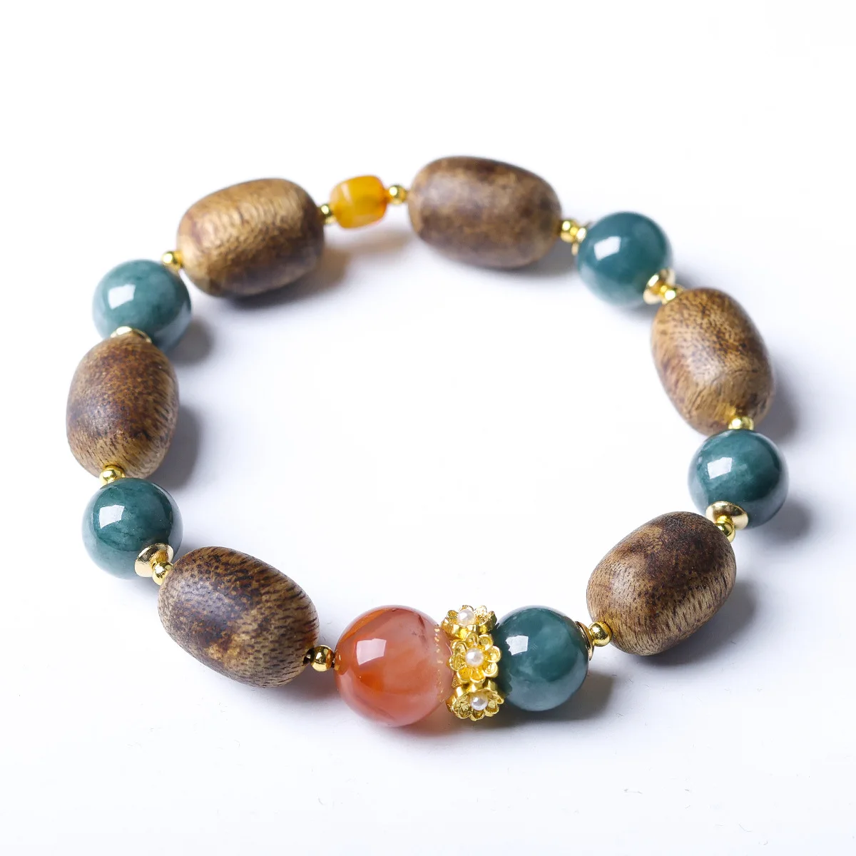 Original Green Chennan Barrel Bead Bracelet with Jade Amber Nanhong Agate Chinese Style Wooden Beaded Bracelet Gifts