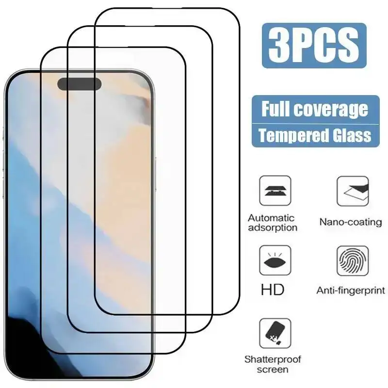 

3PCS Full Cover Tempered Glass 15 14 16 17 Plus 16E Screen Protector For Iphone 12 11 Pro 13 Mini X Xr Xs Max Film