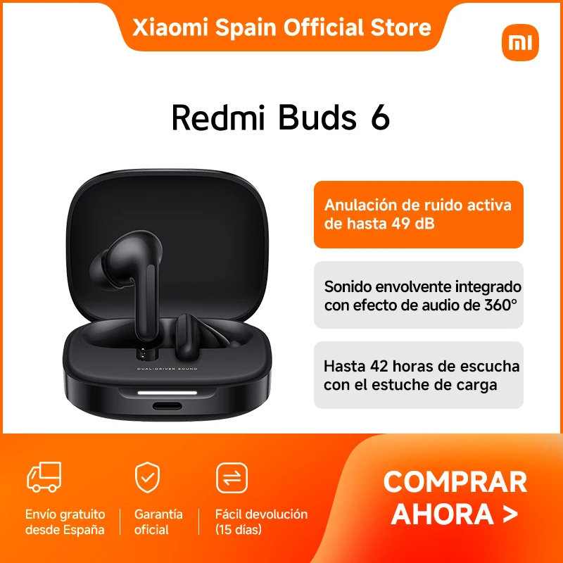Official | Redmi Buds 6,  Anulación de ruido activa de hasta 49 dB, Sonido envolvente integrado con efecto de audio de 360°, Hasta 42 horas de escucha con el estuche de carga*