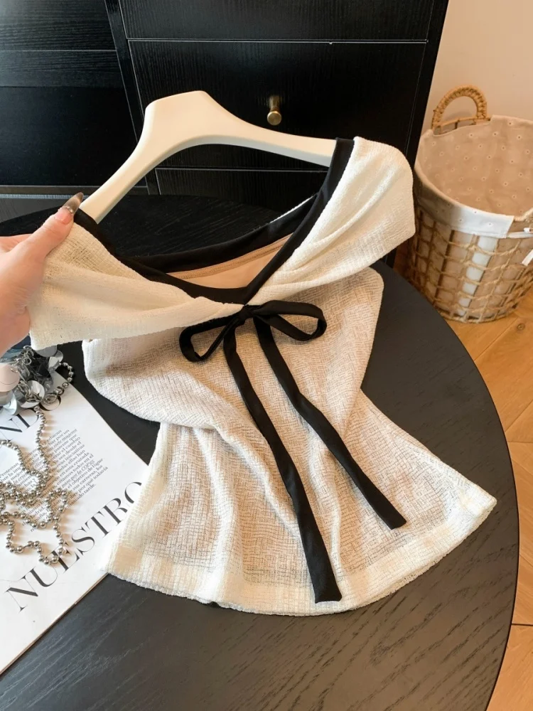 

Unique Knot One Shoulder T-Shirt Women's Summer New Style Slimming Sweet Top Color Block Self Kept Recommendation