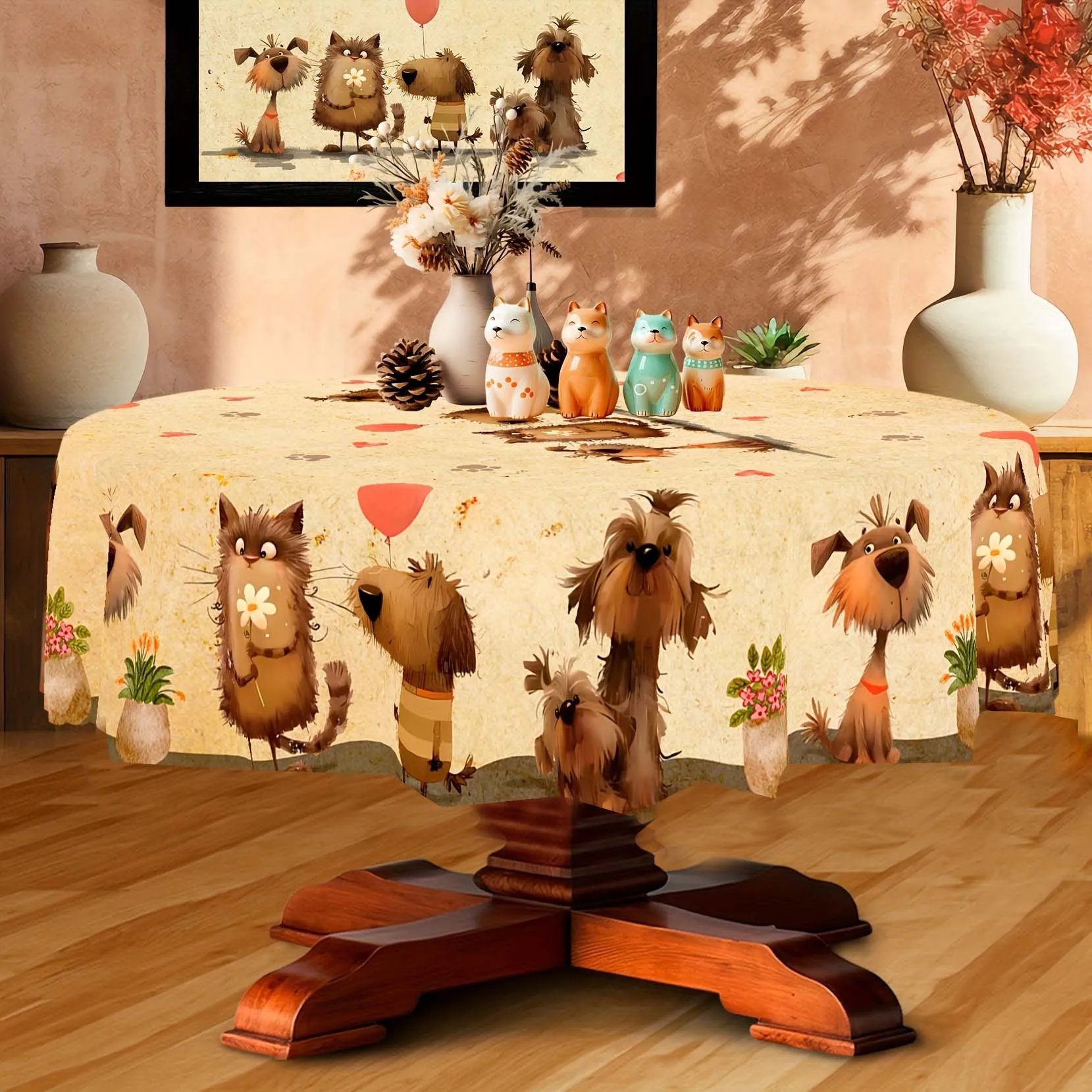 1 piece. Cute cat and dog themed tablecloth self-adhesive table mat, with cat and dog flower patterns.zyc