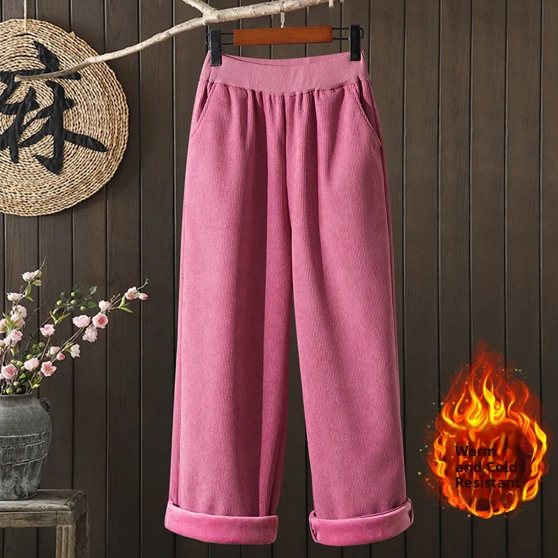 سروال قصير نسائي شتوي Thiened Fce عادية عالية الخصر مستقيم الساق بنطلون أحمر متعدد الاستخدامات Age-defng مرونة الخصر